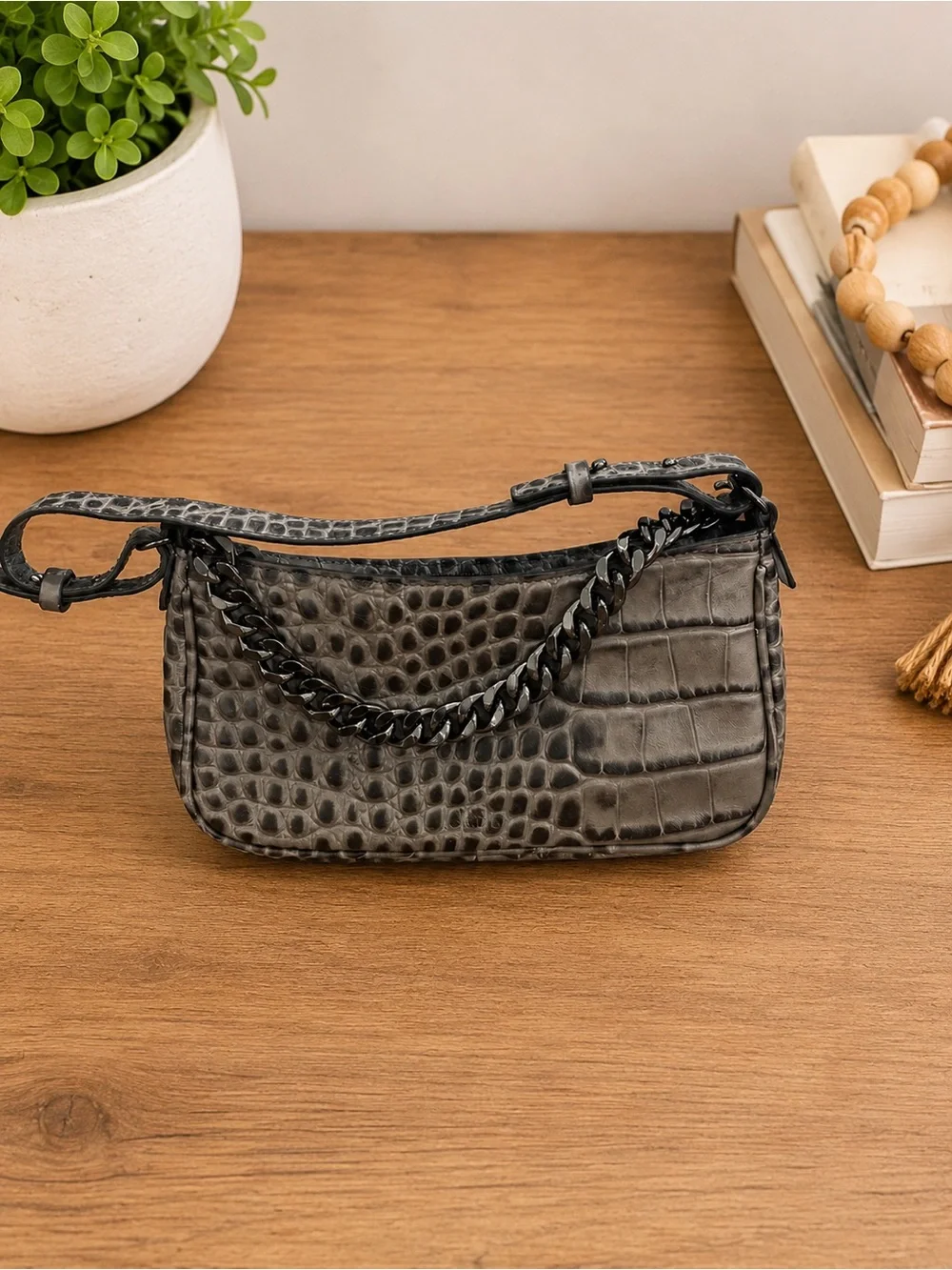 Vince Camuto Gray Croc Embossed Leather Chain Strap Baguette Bag